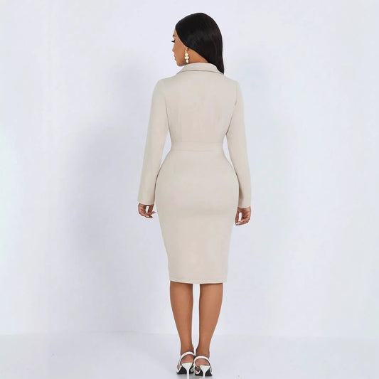 Women's Solid-Colored Lapel-Neck Long-Sleeve Dress