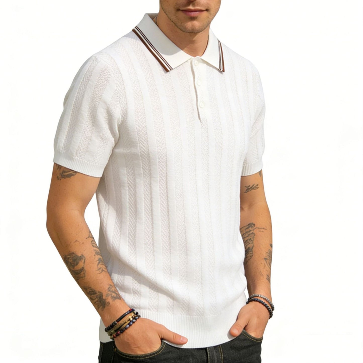 Men's Short-Sleeve Knitted T-Shirt With Lapel Collar Striped Old Money Style