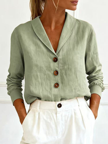 Fashionable Cotton-Linen Long-Sleeve Peter Pan Collar Button-Up Shirt