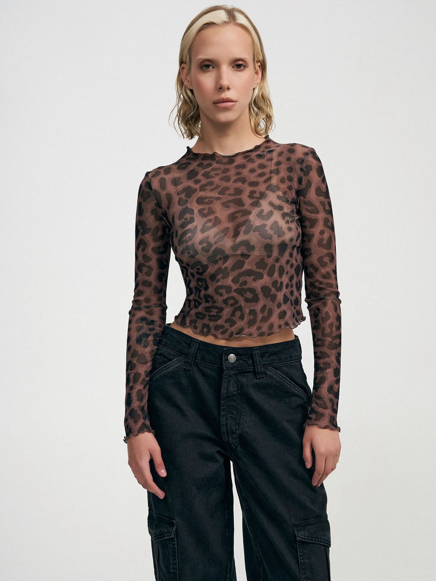 Women's Leopard-Print Mesh Printed Bodysuit T-Shirt Top