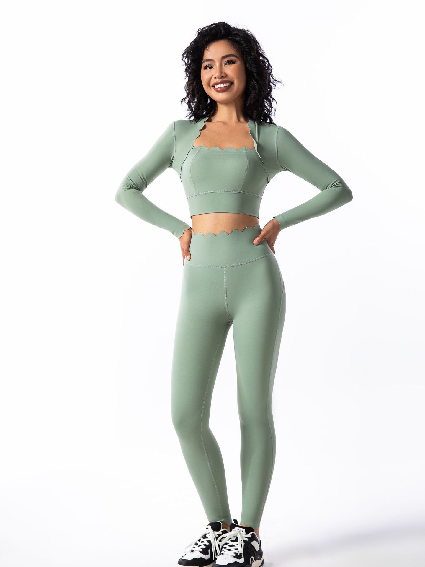 Womens Solid-Colored Square-Neck Long-Sleeve Sport Top And Pants Set
