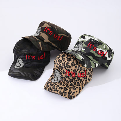 Camouflage Leopard Print Letter Embroidery Rhinestone Trendy Flat-top Baseball Cap Suitable For Outdoor Outings, Travel And Daily Use