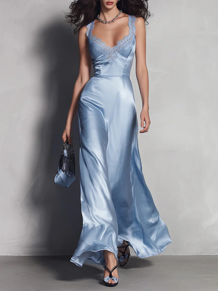 Feminine Sleeveless V-Neck Long Evening Gown