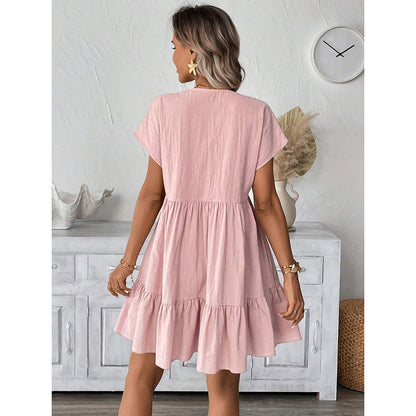 Summer Vacation Style V-Neck Solid Color Loose Skirt