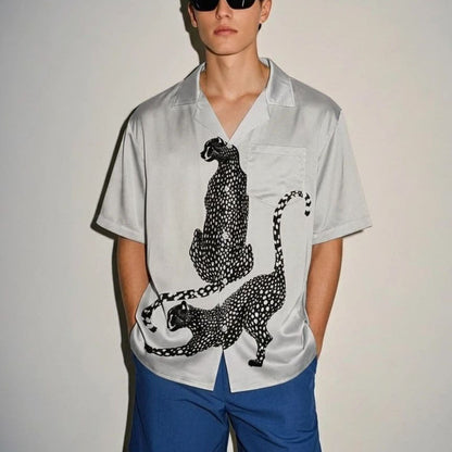 Retro Satin Cuban Collar Mens Short-Sleeve Shirt