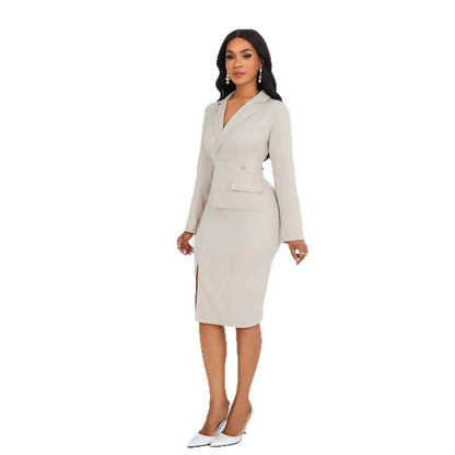 Women's Solid-Colored Lapel-Neck Long-Sleeve Dress