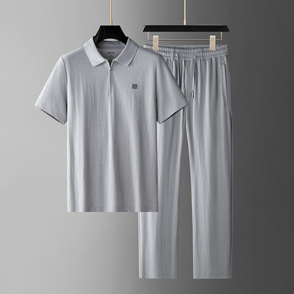 Summer Tencel Linen Polo Shirt Pants Set Loose