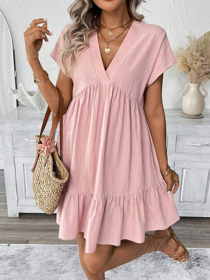 Summer Vacation Style V-Neck Solid Color Loose Skirt