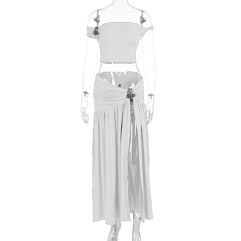 Women's Top And Slit Pleated Skirt Set