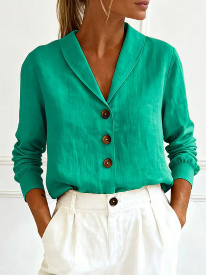 Fashionable Cotton-Linen Long-Sleeve Peter Pan Collar Button-Up Shirt