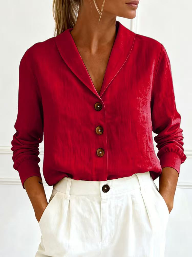 Fashionable Cotton-Linen Long-Sleeve Peter Pan Collar Button-Up Shirt