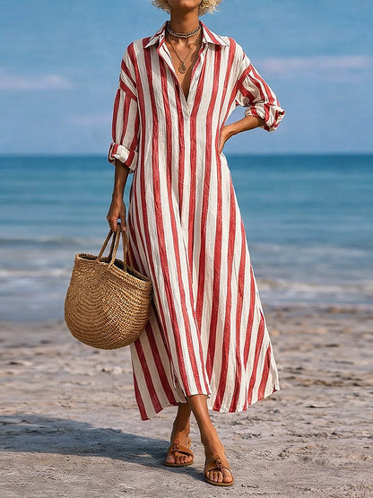 SpringSummer New Striped Lapel-Pocket Dress