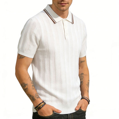 Men's Short-Sleeve Knitted T-Shirt With Lapel Collar Striped Old Money Style