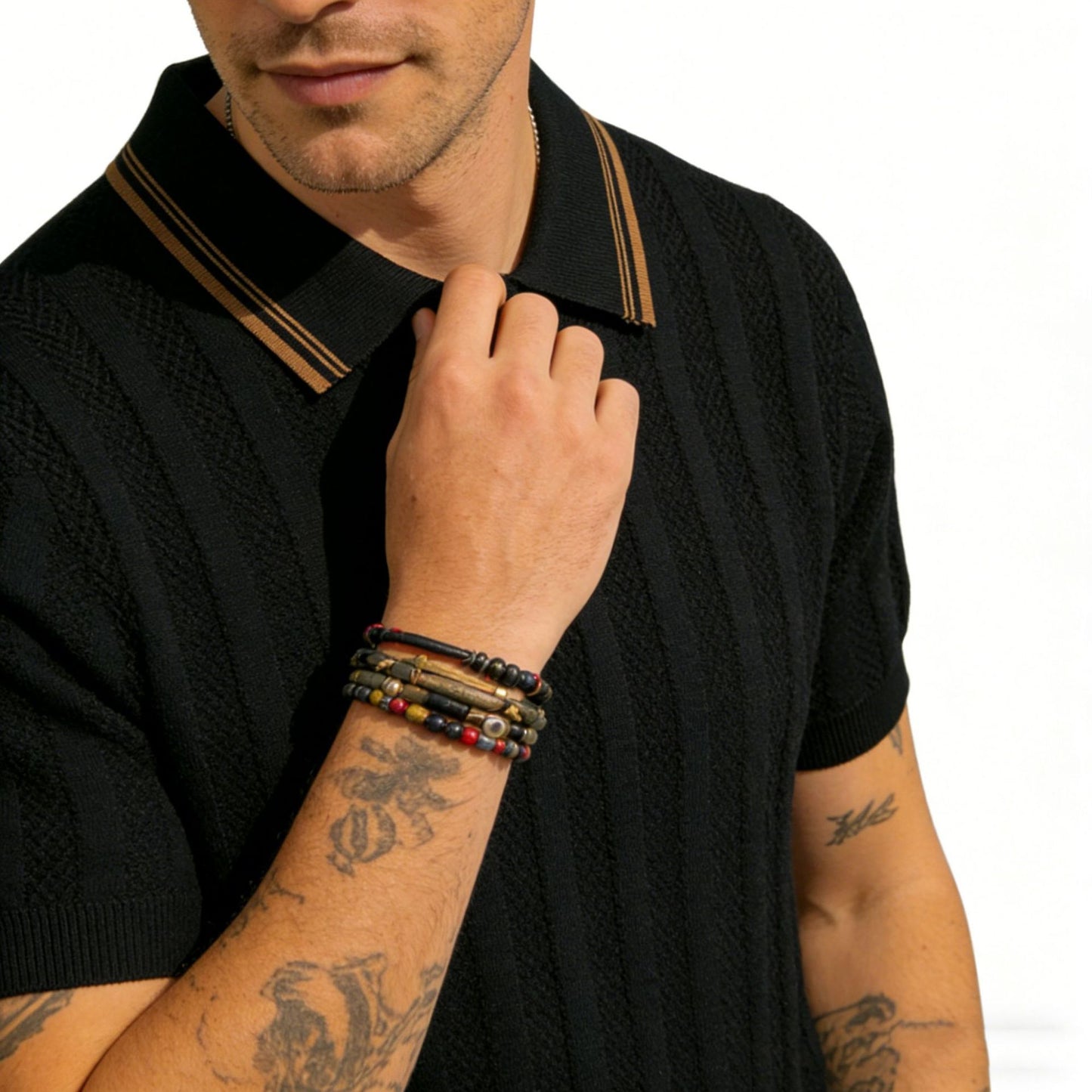 Men's Short-Sleeve Knitted T-Shirt With Lapel Collar Striped Old Money Style