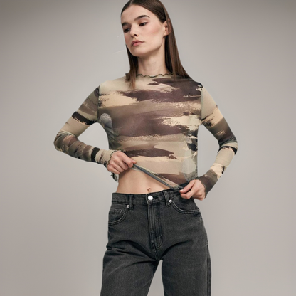 Women's Leopard-Print Mesh Printed Bodysuit T-Shirt Top