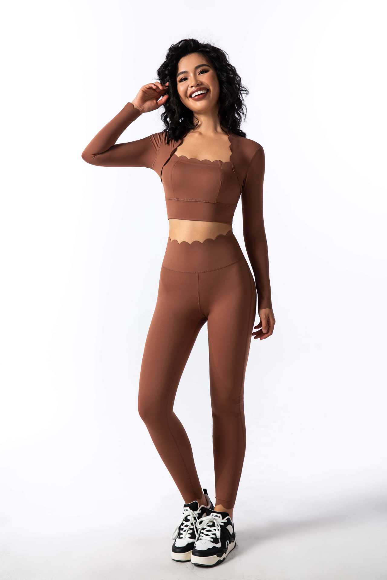 Womens Solid-Colored Square-Neck Long-Sleeve Sport Top And Pants Set