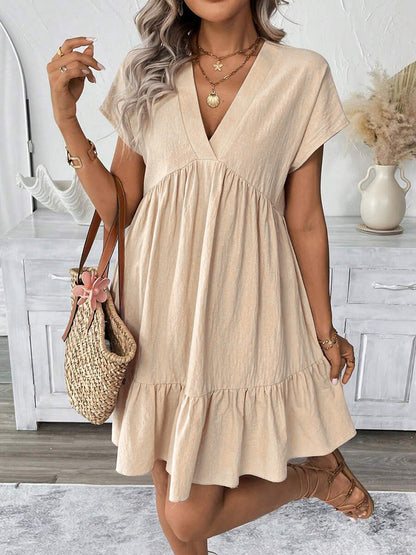 Summer Vacation Style V-Neck Solid Color Loose Skirt