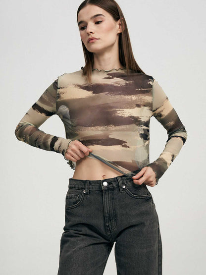 Women's Leopard-Print Mesh Printed Bodysuit T-Shirt Top