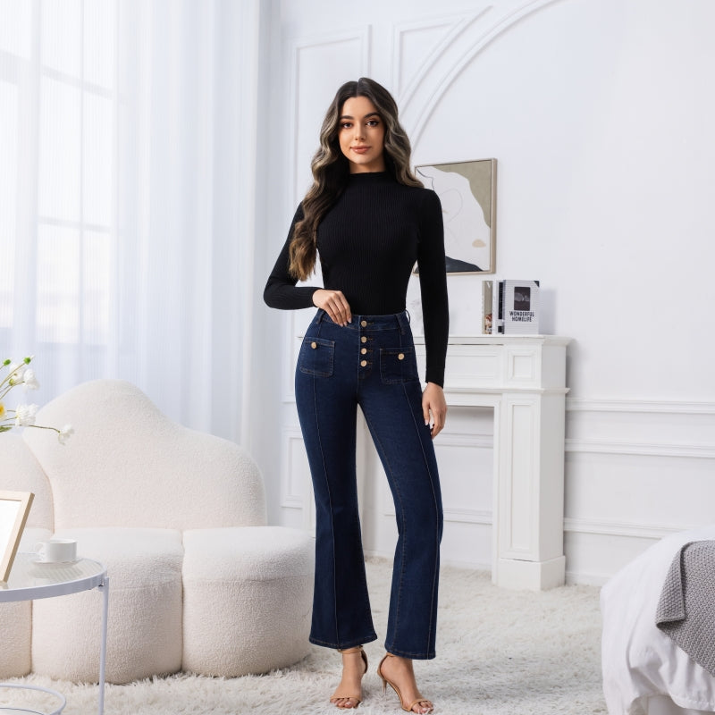 Women's High-Waisted Gold Button Flare Jeans, Dark Wash Slim Bootcut Denim Pants With Patch Pockets