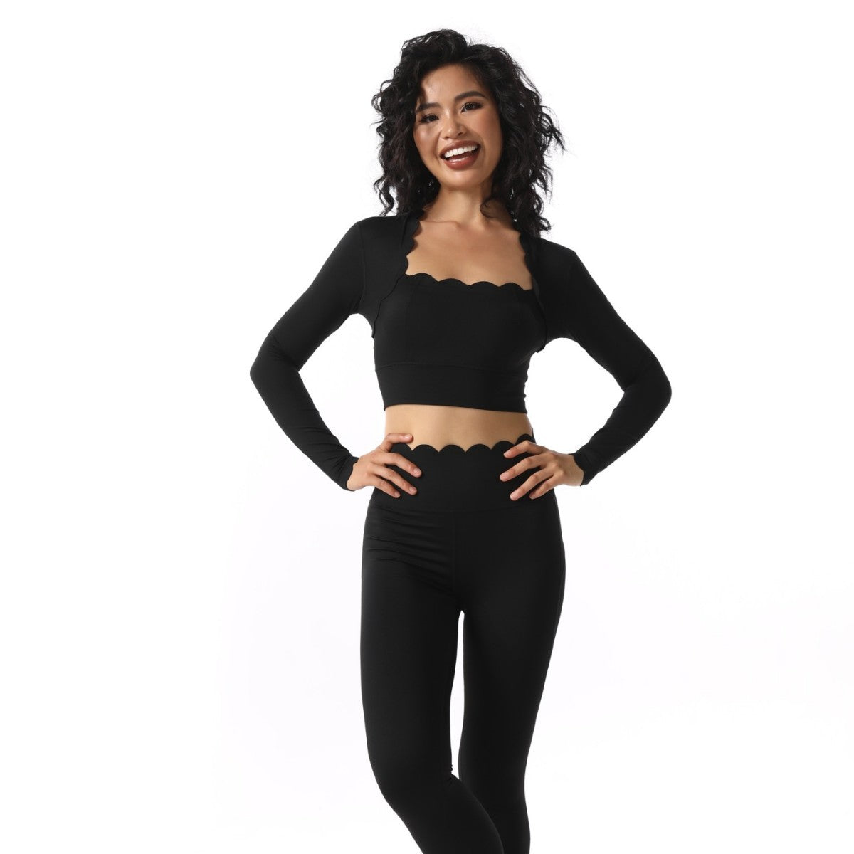 Womens Solid-Colored Square-Neck Long-Sleeve Sport Top And Pants Set