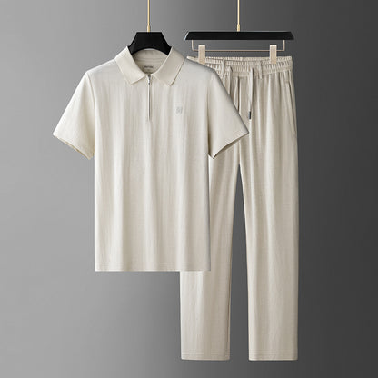 Summer Tencel Linen Polo Shirt Pants Set Loose