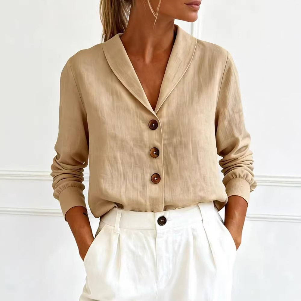 Fashionable Cotton-Linen Long-Sleeve Peter Pan Collar Button-Up Shirt