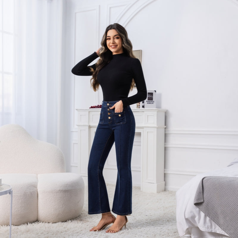 Women's High-Waisted Gold Button Flare Jeans, Dark Wash Slim Bootcut Denim Pants With Patch Pockets