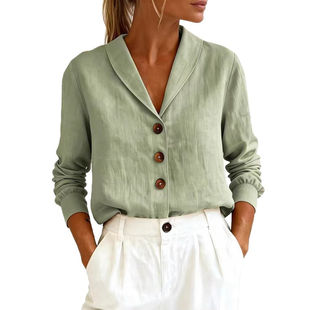 Fashionable Cotton-Linen Long-Sleeve Peter Pan Collar Button-Up Shirt