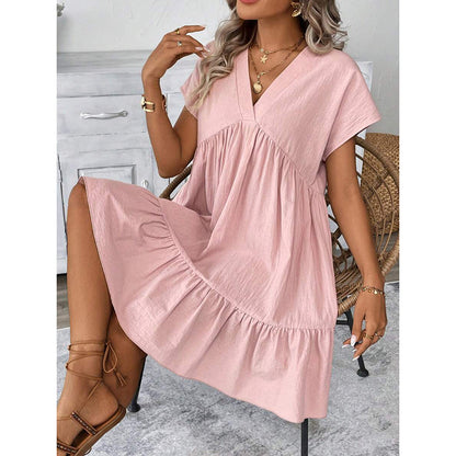Summer Vacation Style V-Neck Solid Color Loose Skirt