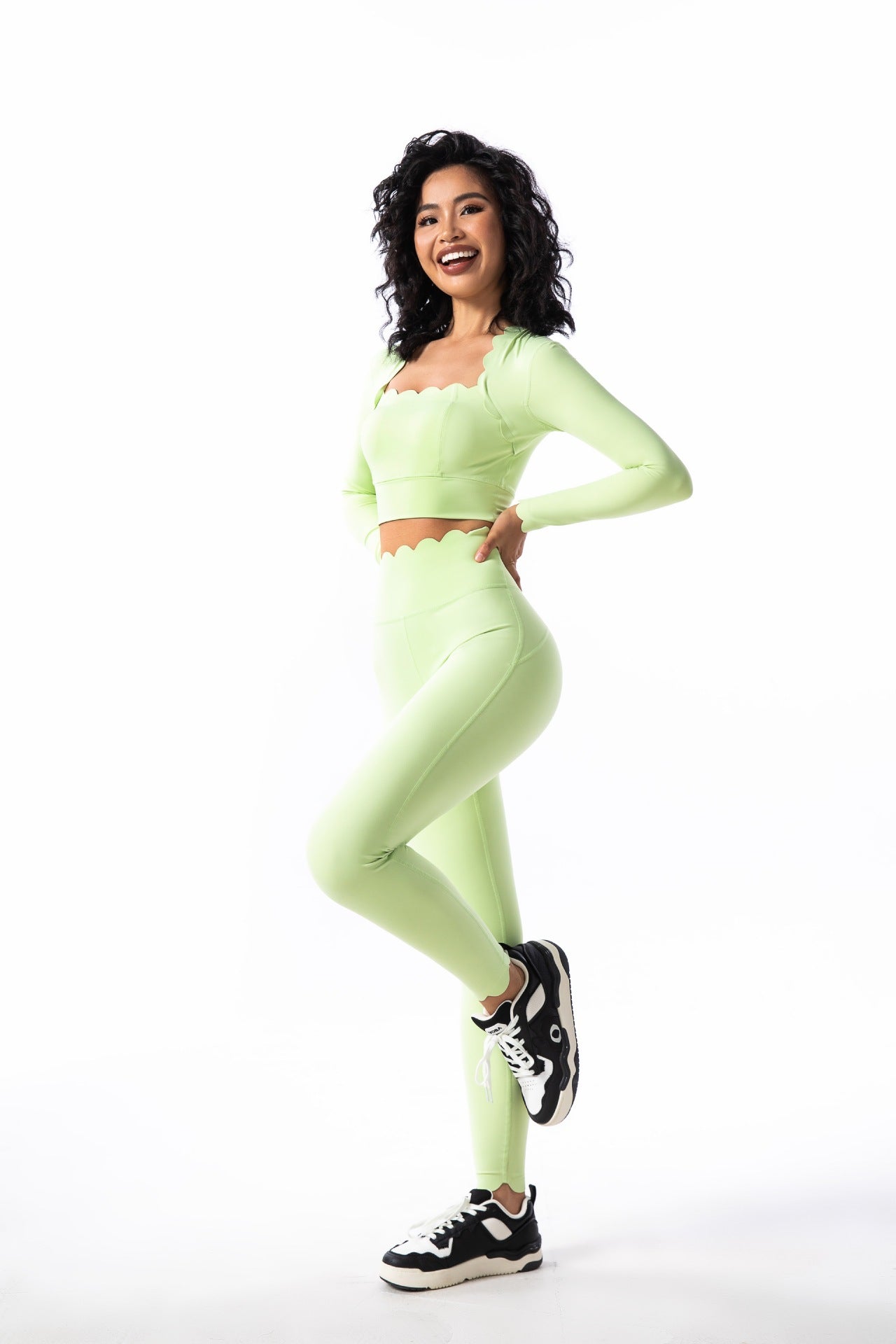 Womens Solid-Colored Square-Neck Long-Sleeve Sport Top And Pants Set