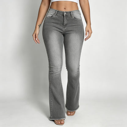 Women's High-Waisted Studded Flare Jeans, Gray Wash Fringe Raw Hem Slim Bootcut Denim Pants