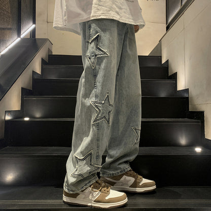 Men's Straight Leg Jeans, Winter High-End Streetwear, Loose Wide-Leg American High Street Vibe Pants