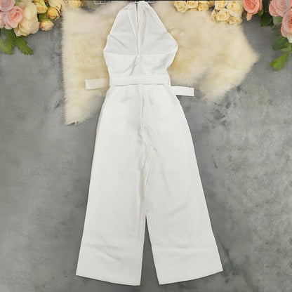 Solid-color Halter-neck Waist-cinching Straight-leg Jumpsuit