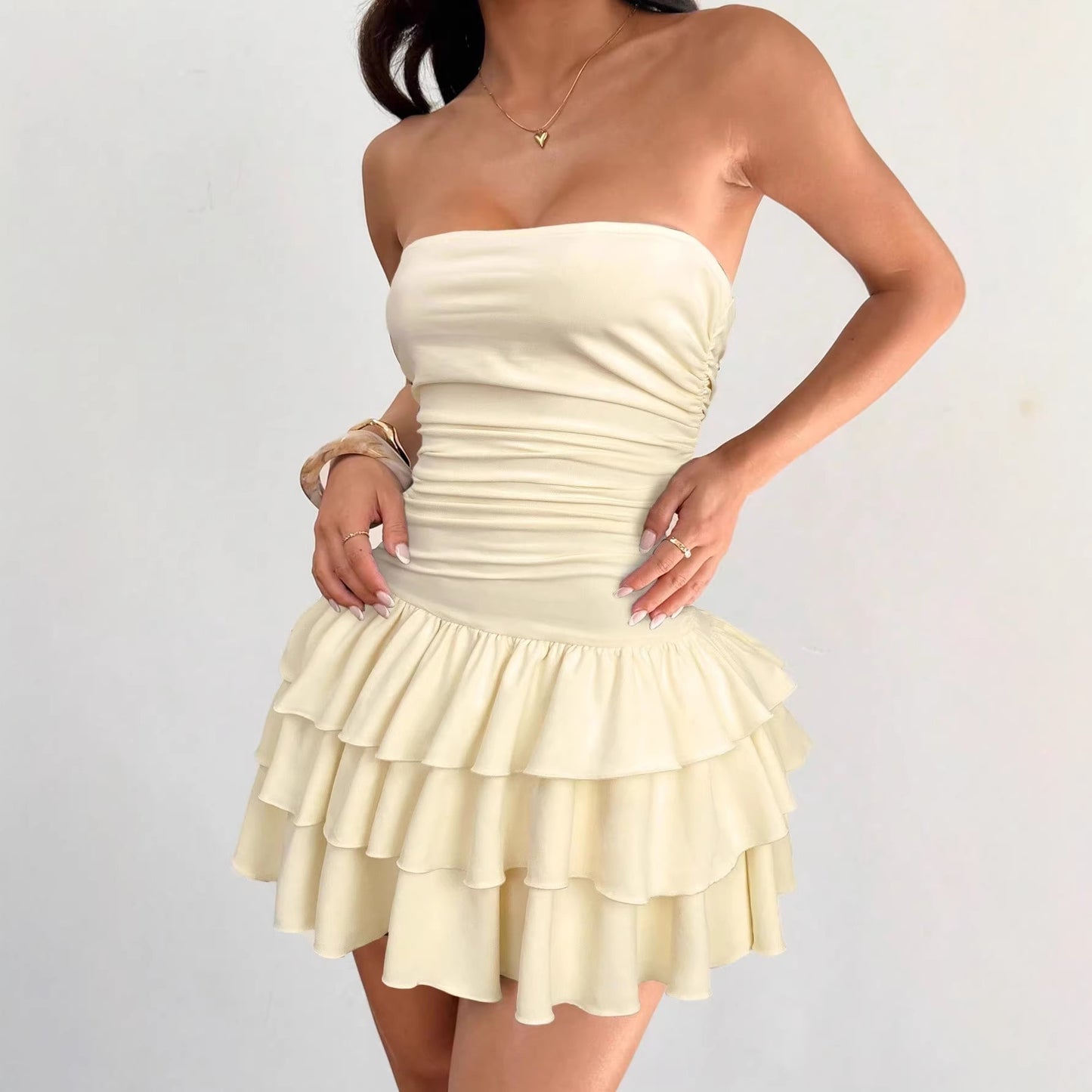 Women's White Knitted Ruffle Trim Mini Dress