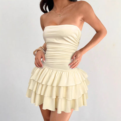 Women's White Knitted Ruffle Trim Mini Dress