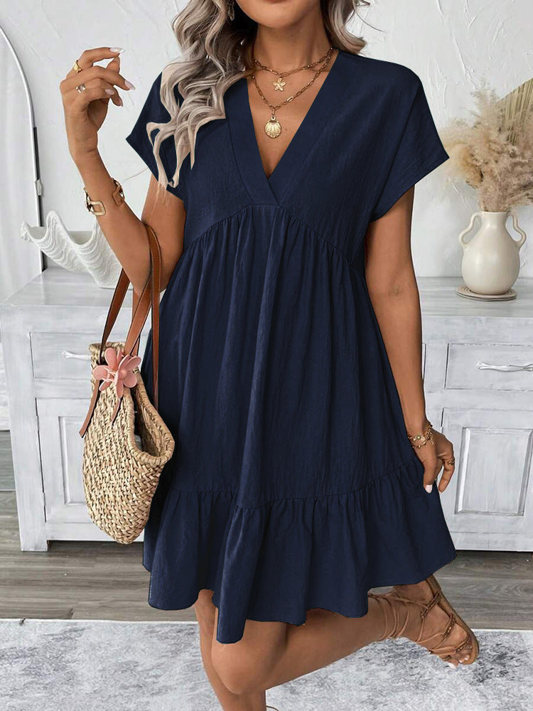 Summer Vacation Style V-Neck Solid Color Loose Skirt