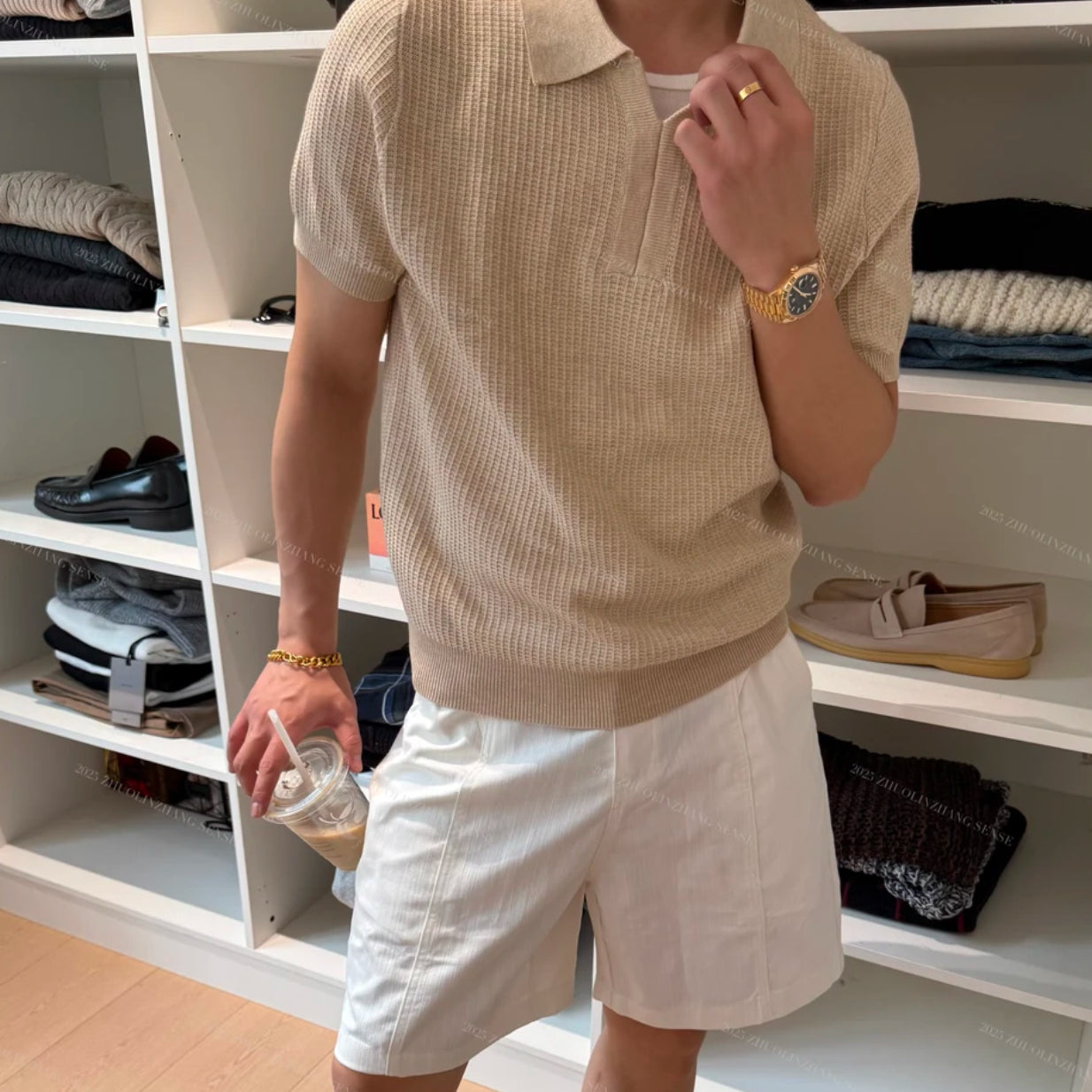 Men's Short-Sleeve Knitted T-Shirt With Lapel Collar Striped Old Money Style