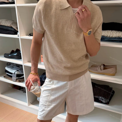 Men's Short-Sleeve Knitted T-Shirt With Lapel Collar Striped Old Money Style
