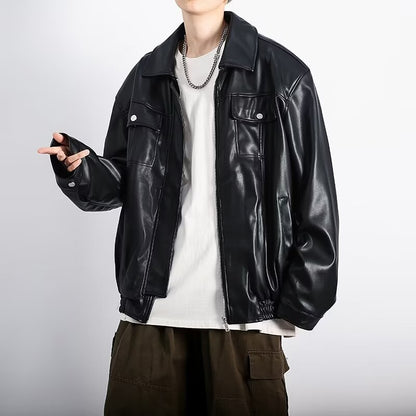 Retro Textured Motorcycle Clothing Leather Coat For Men Loose Casual Jacket