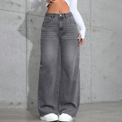 European And American-style Vintage Gray Washed Wide-leg Womens Jeans