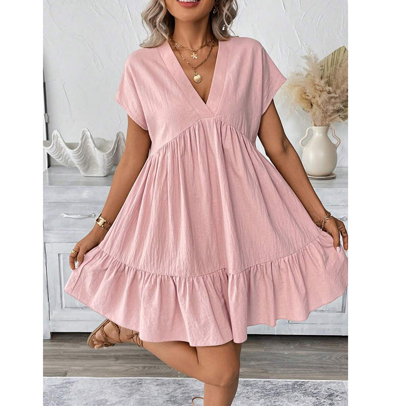 Summer Vacation Style V-Neck Solid Color Loose Skirt
