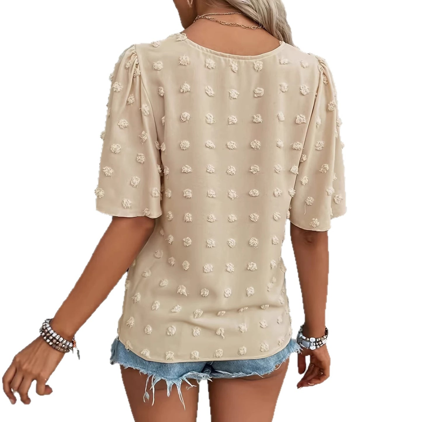Women's V-Neck Lace-trimmed Short-sleeve Casual Top