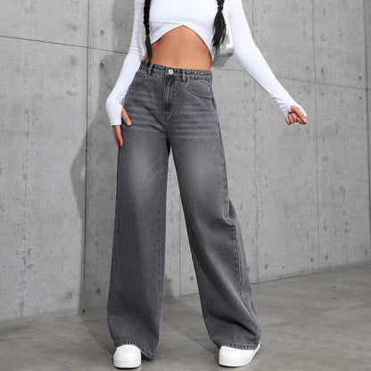 European And American-style Vintage Gray Washed Wide-leg Womens Jeans