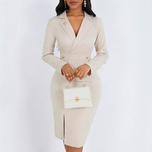 Women's Solid-Colored Lapel-Neck Long-Sleeve Dress