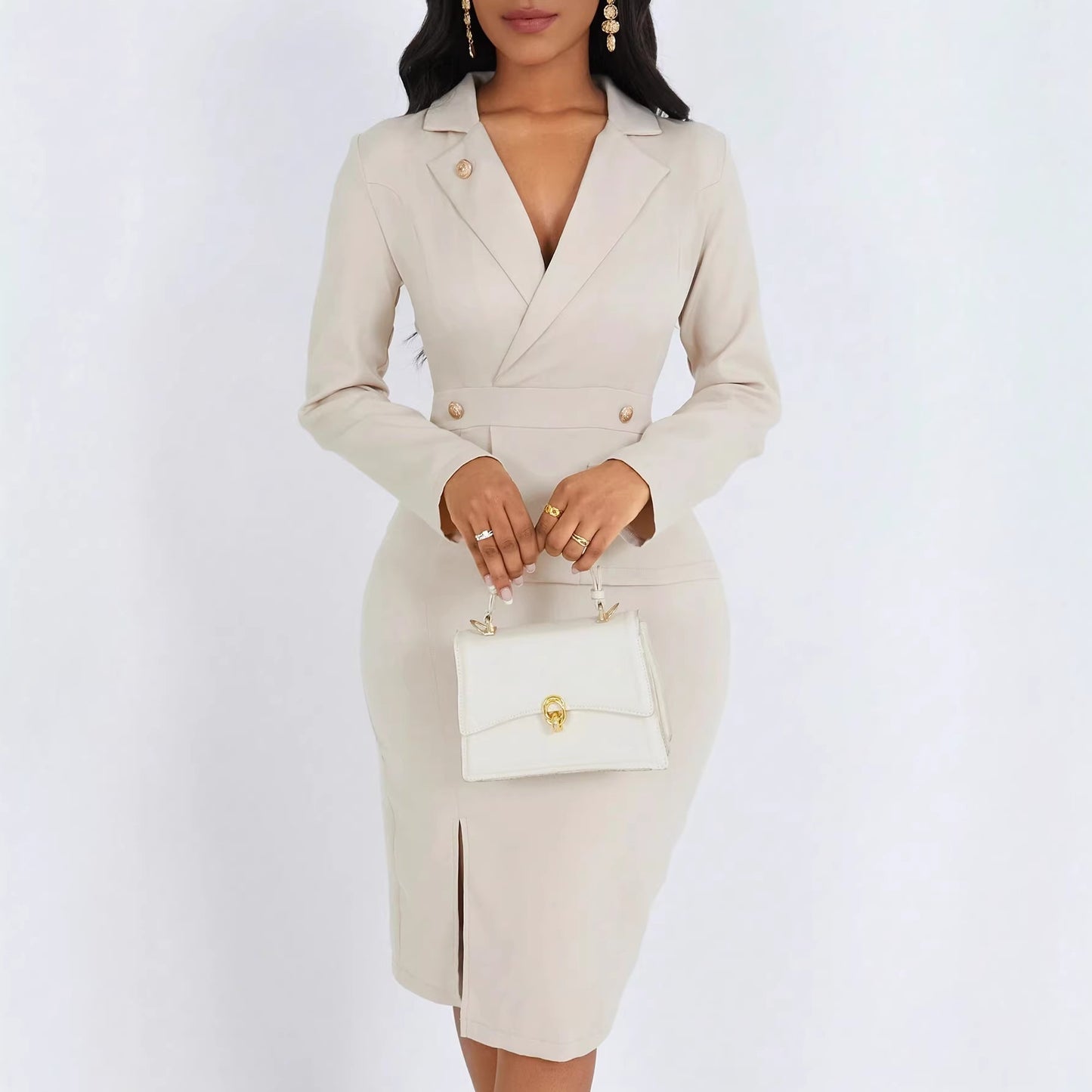 Women's Solid-Colored Lapel-Neck Long-Sleeve Dress